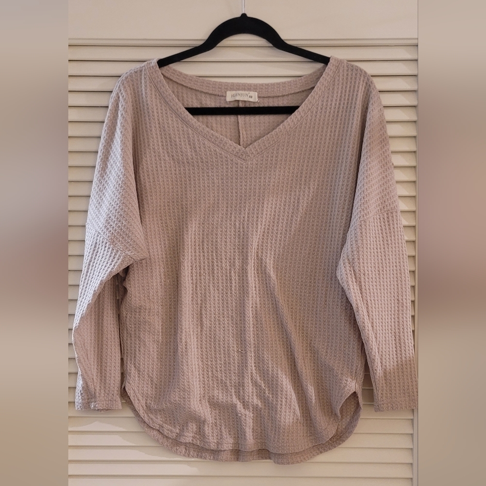 iGenjun- Light Grey Waffle Knit Loose-Fit Long-Sleeve Top